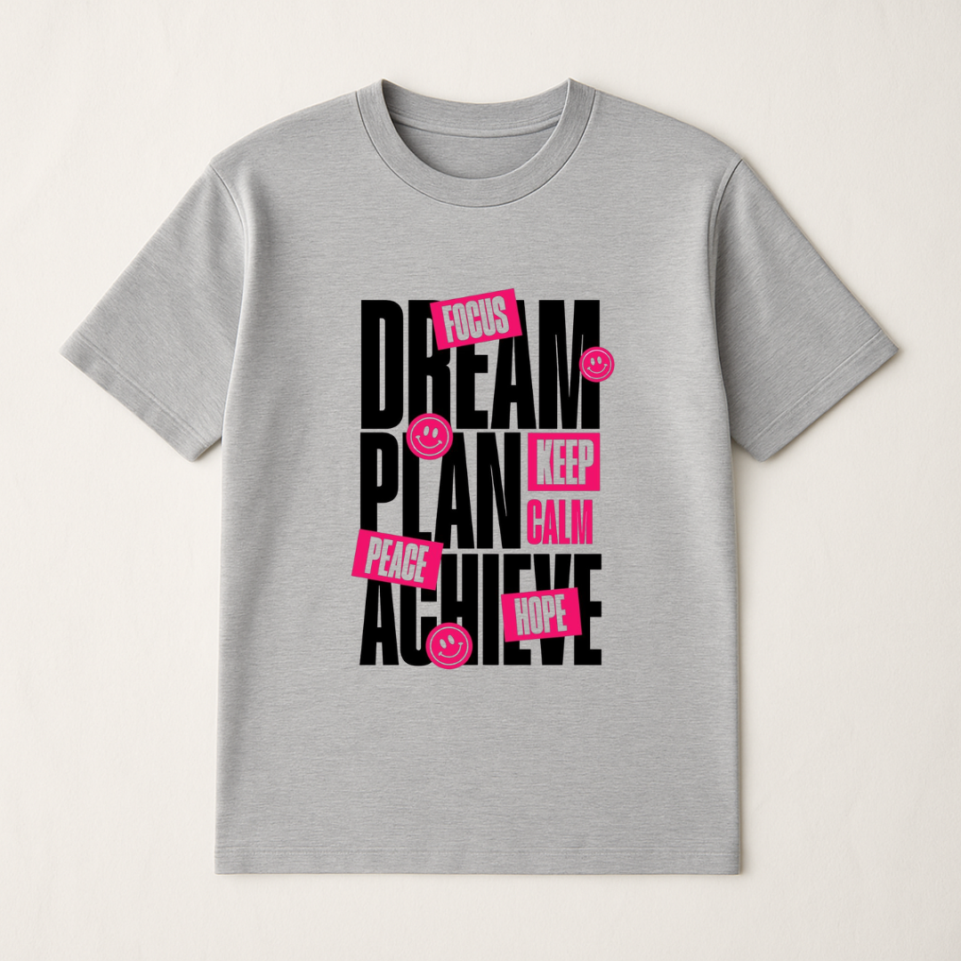 Gray t-shirt with motivational text design on a white background