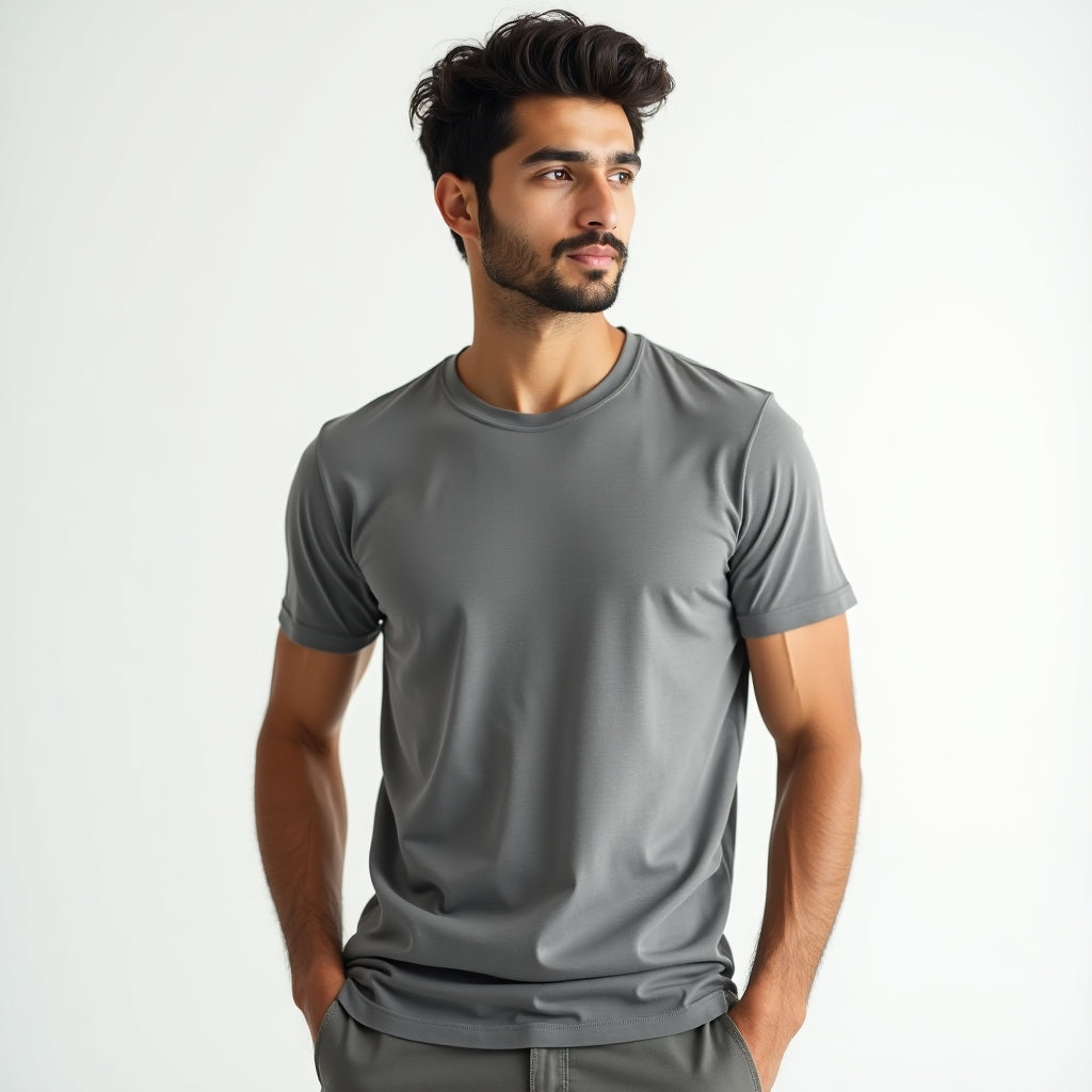 Man wearing a gray t-shirt against a white background