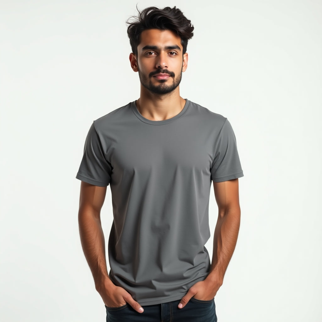 Man wearing a gray t-shirt against a plain background