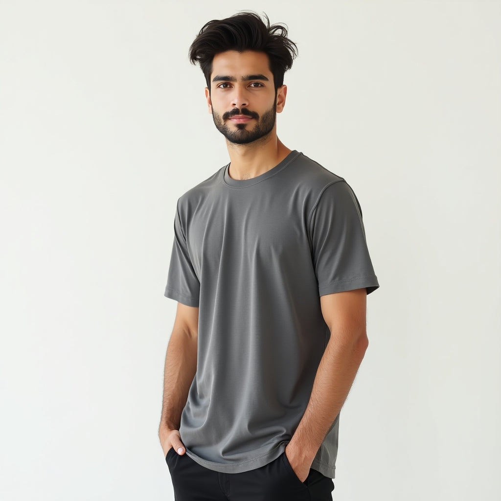 Man wearing a gray t-shirt against a plain background
