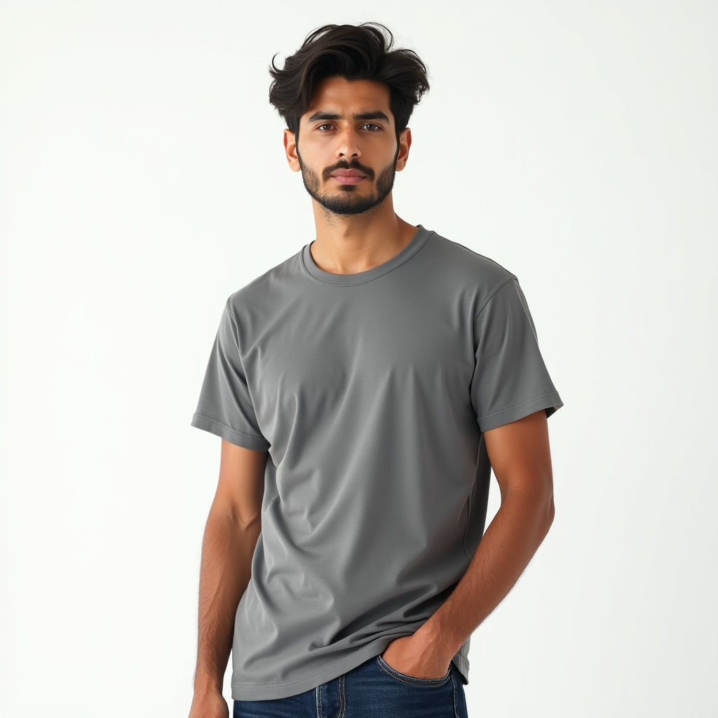 Man wearing a gray t-shirt against a white background