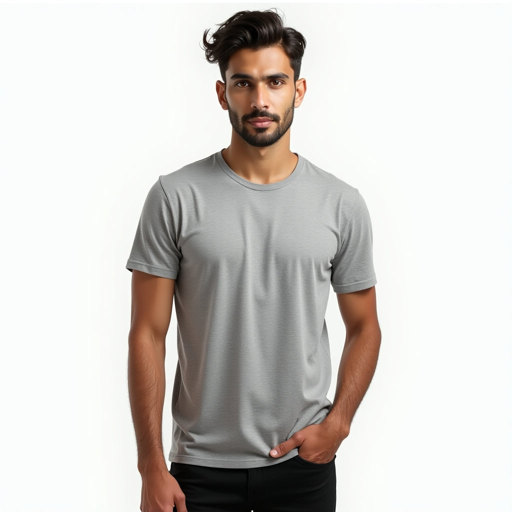 Man wearing a gray t-shirt on a white background