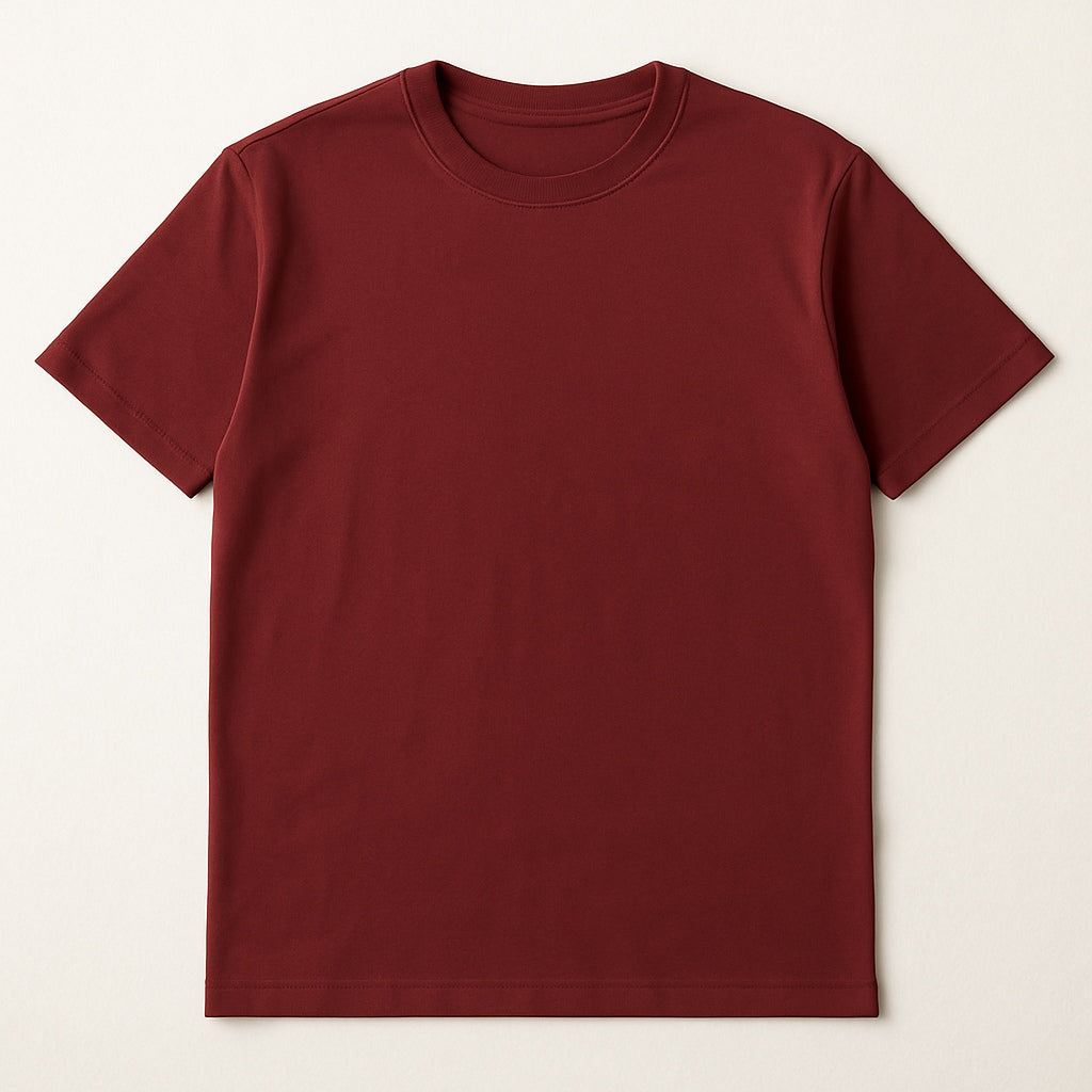 Maroon t-shirt on a beige background