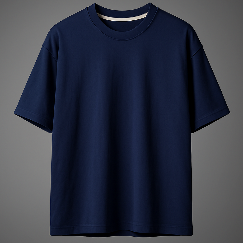 Navy blue t-shirt on a gray background