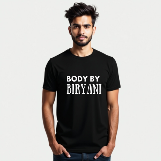 Man wearing a black t-shirt with 'BODY BY BIRYANI' text on a plain background
