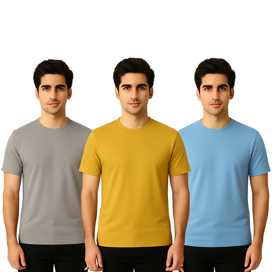 Three men wearing gray, yellow, and blue t-shirts on a white background