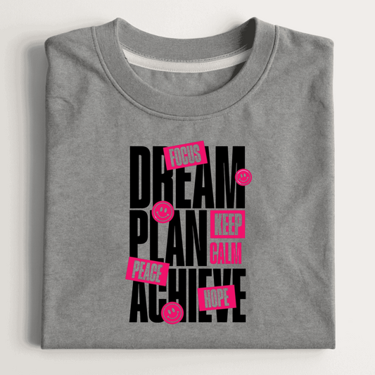 Folded gray t-shirt with motivational text design on a light gray background
