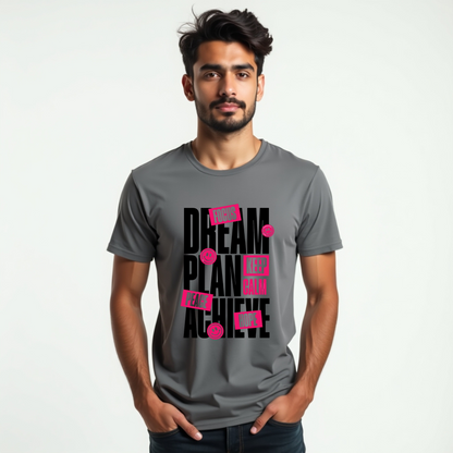 Man wearing a gray t-shirt with black and pink text design on a white background