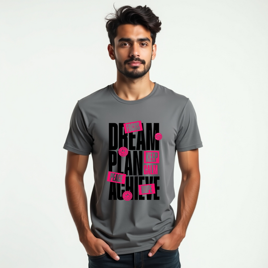 Man wearing a gray t-shirt with black and pink text design on a white background