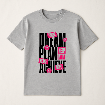 Gray t-shirt with motivational text design on a white background
