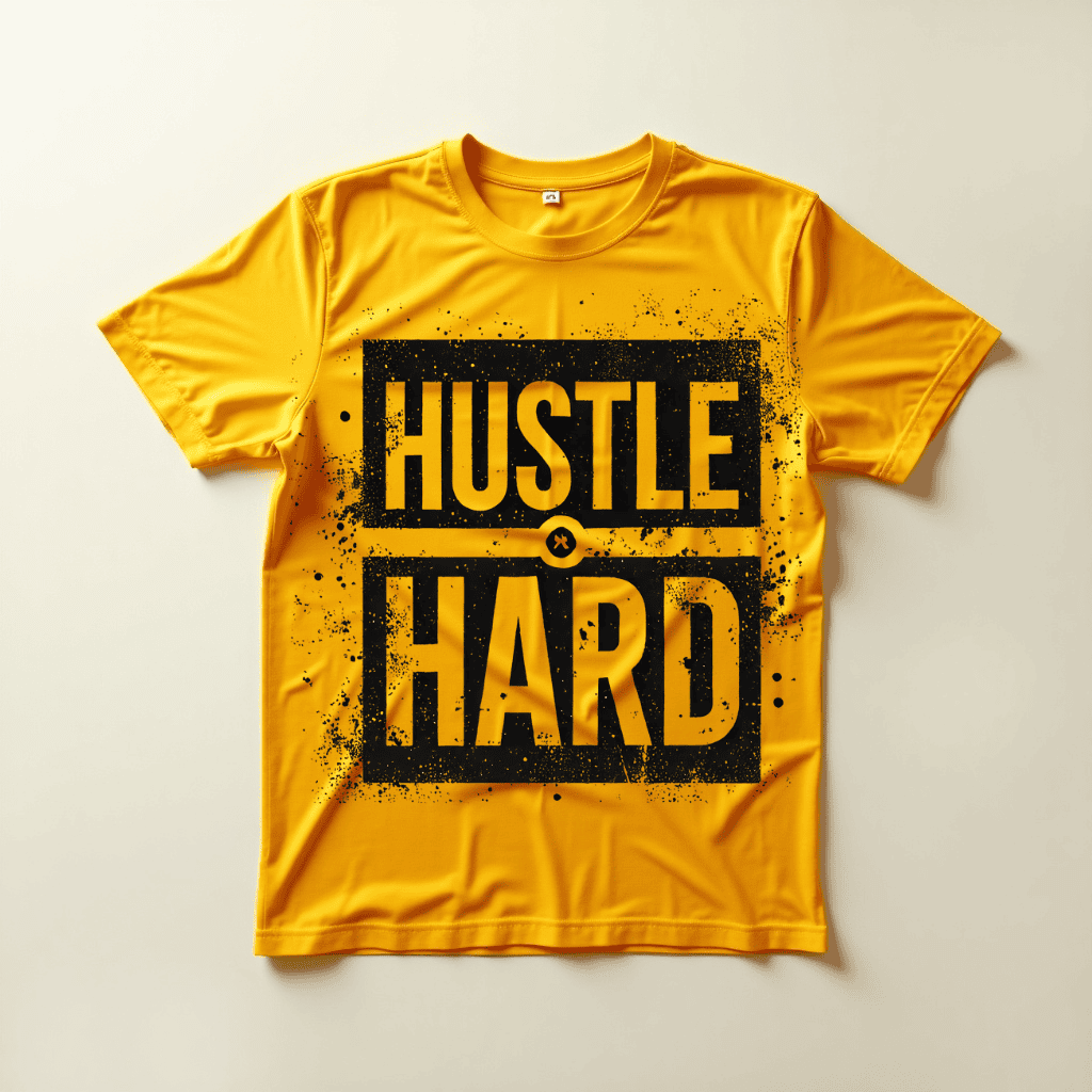 Yellow t-shirt with 'HUSTLE HARD' text on a light gray background