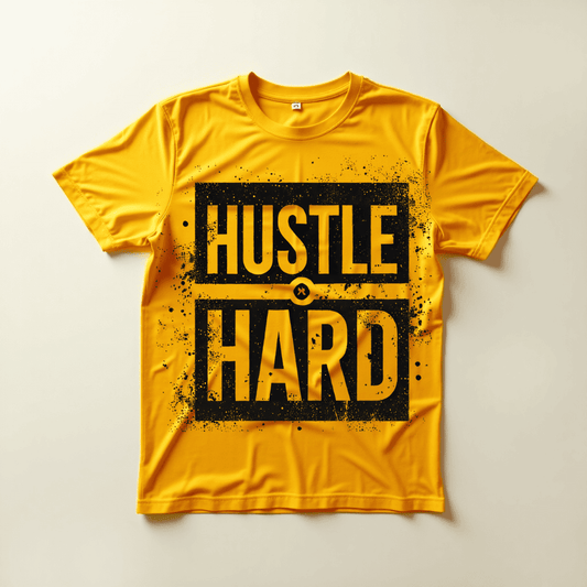 Yellow t-shirt with 'HUSTLE HARD' text on a light gray background