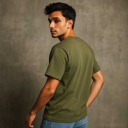 Man wearing an olive green t-shirt against a gray background
