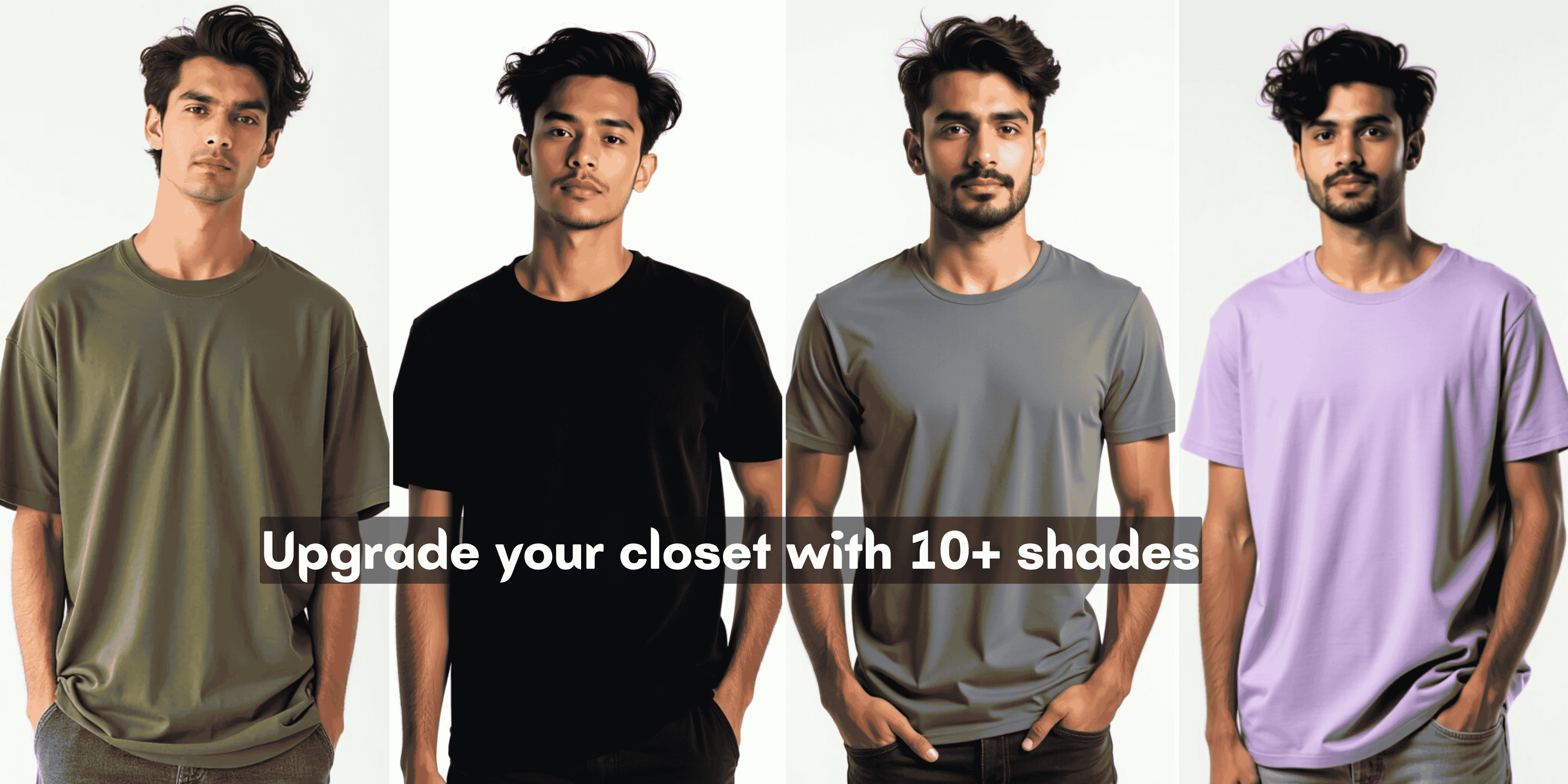 Four men wearing different colored t-shirts with text promoting a range of shirt colors.