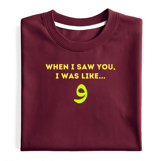 Maroon graphic tee with yellow text and number on a white background